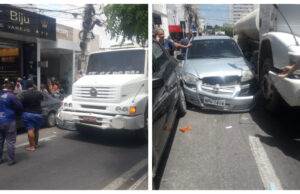 Motorista envolvido em acidente no centro de Patos disse que não tentou ultrapassagem e que foi o caminhão que puxou para a direita e o atingiu