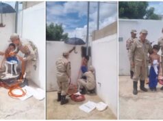 Criança de 7 anos é resgatada pelo Corpo de Bombeiros após ficar presa entre poste e parede em Patos. Vídeo
