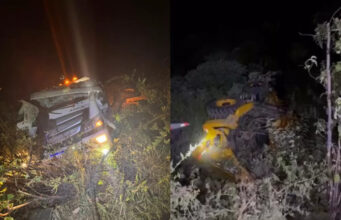 Caminhão-reboque que transportava retroescavadeira perde o controle e tomba na Serra do Teixeira