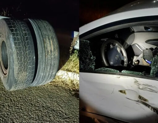 Roda de caminhão se solta e atinge carro na BR-230, em Patos